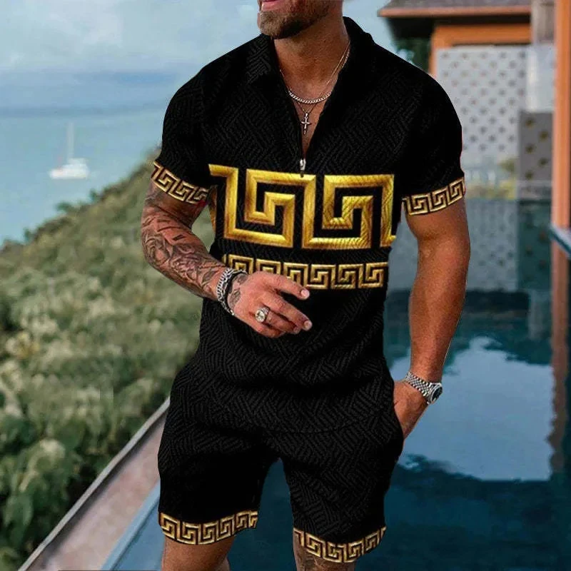 Summer 3D Geometric Print Men Polo Set Zipper Lapel Polo Men Sets Zipper Collar And Shorts 2pcs Sets Holiday style Man clothes