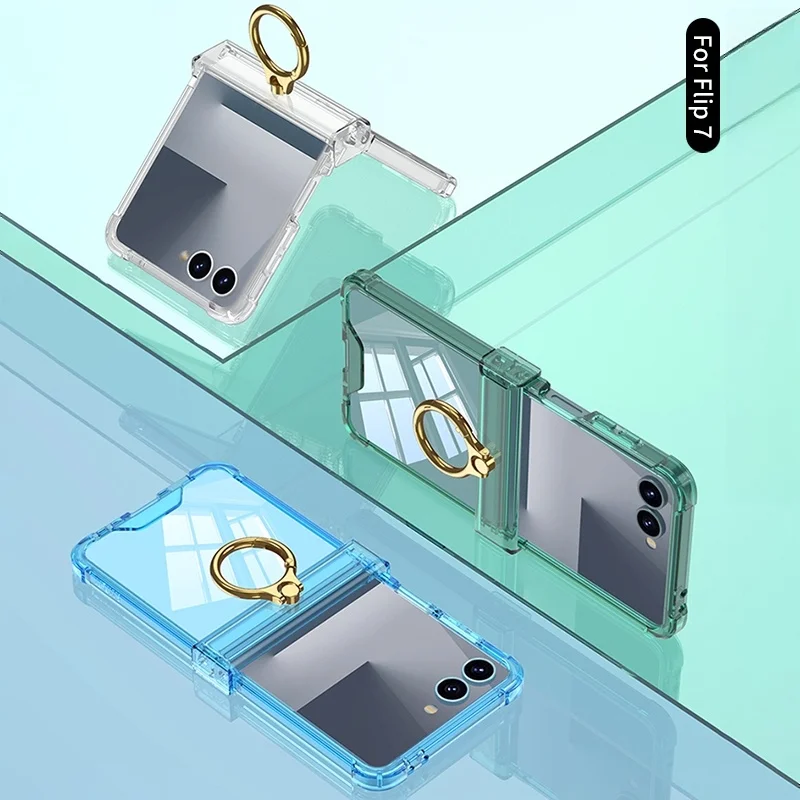 Luxury Ring Holder Airbag Hinge Protection Phone Case For Samsung Galaxy Z Flip7 FE  Z Flip 7 6 5 flip7 zflip6 Candy Clear Cover