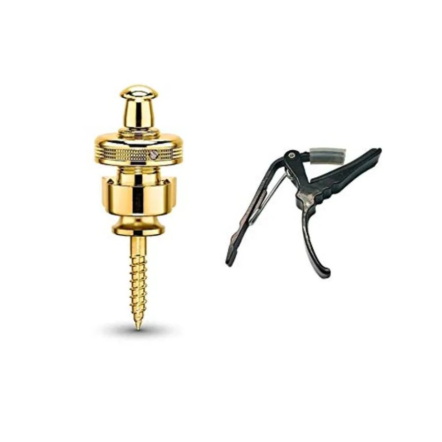 

Guitar strap locks and deluxe capo combo pack for stage use, metal construction, black finish, secure quick-release mechanism
