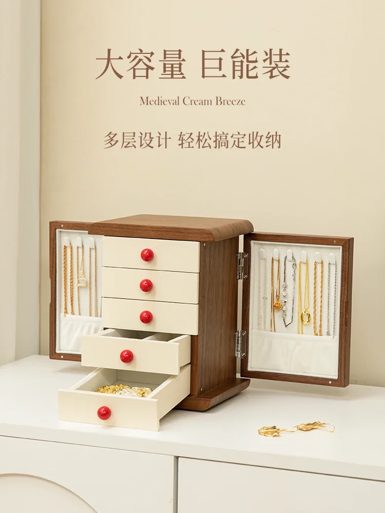 Jewelry Box Storage Box High-end Exquisite Solid Wood Cream Wind Necklace Ring Earrings Birthday Wedding Gift Jewelry Box