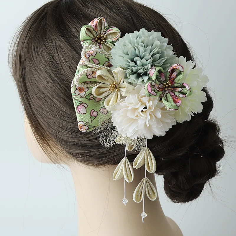 

Retro Hanfu Silk Flower Hair Accessories, Japanese-style Kanzashi Fine Craft Updo Makeup Set for Travel Photography, and Kimono