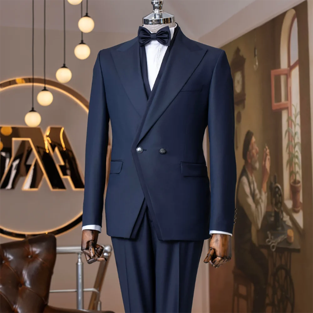 

Элегантный мужской темно-синий асимметричный двубортный смокинг-костюм из 2 предметов: пиджак и брюки для официальных мероприятий, свадьбы, выпускного вечера, костюм для жениха