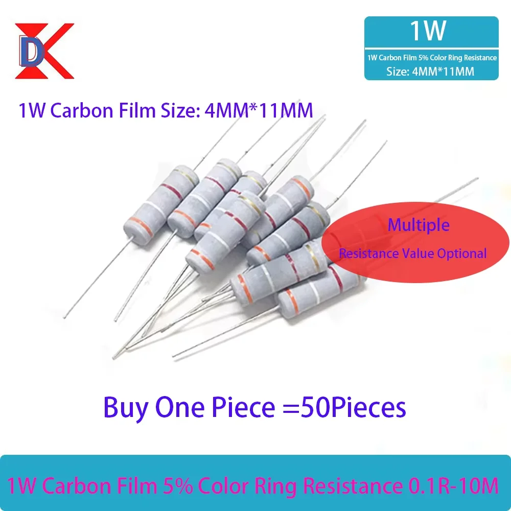 

1W Carbon Film Resistor 1K 10K 100R 2.2M 22K 220R 4.7K 47 470K 1M 50PCS Gray Oxide Resistance DIP