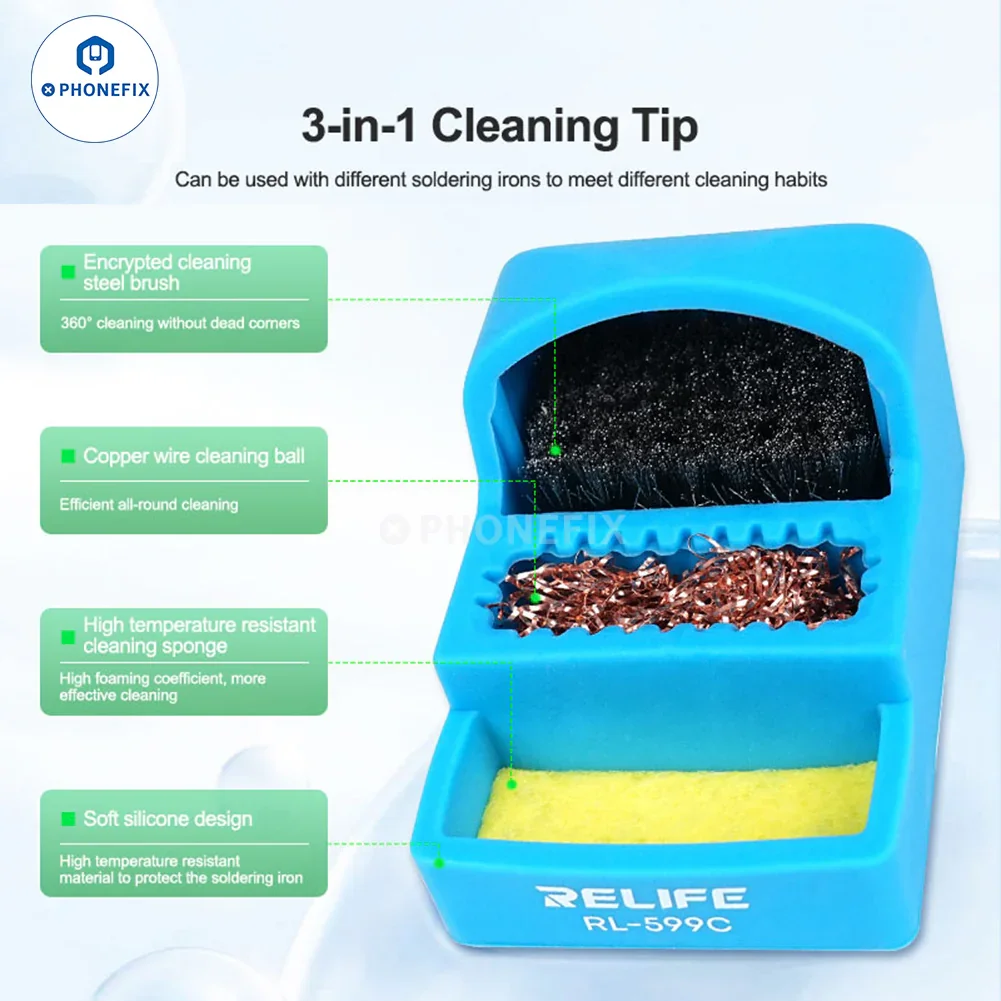 Relife RL-599C 3 in 1 Soldering Iron Tips Cleaner Box Universal Steel Brush Sponge Copper Wire for Soldering Tips Reflashing