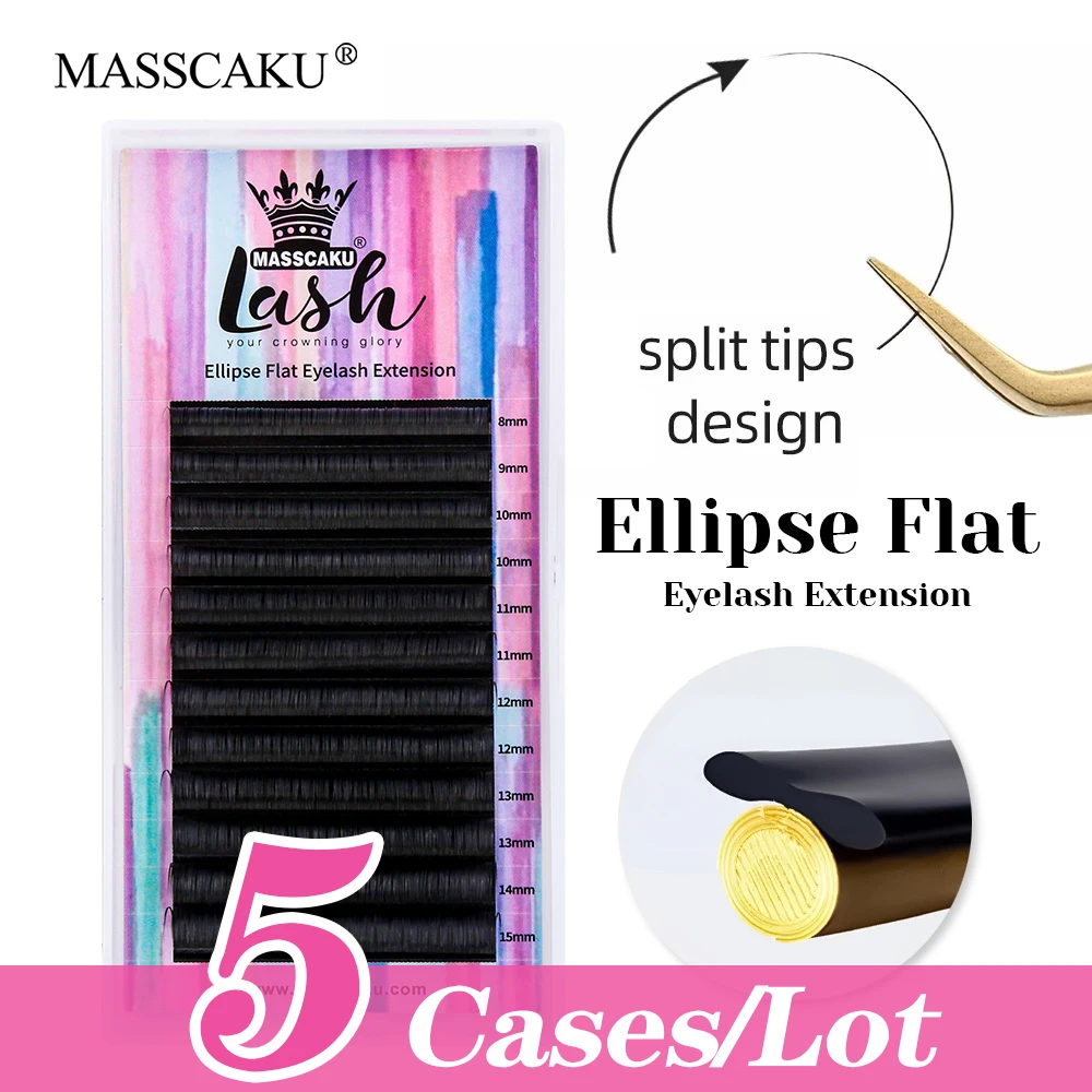 New Arrival MASSCAKU 5cases/lot C/D Curl Fluffy Double Split Tips Shaped Lashes Long-lasting False Silk Ellipse Flat Lash Trays