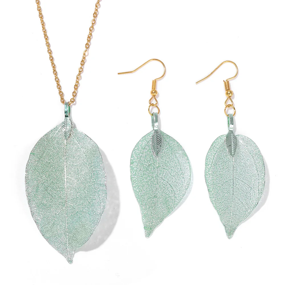 Women's Electroplated Gold Leaves Necklace & Drop Earrings Set