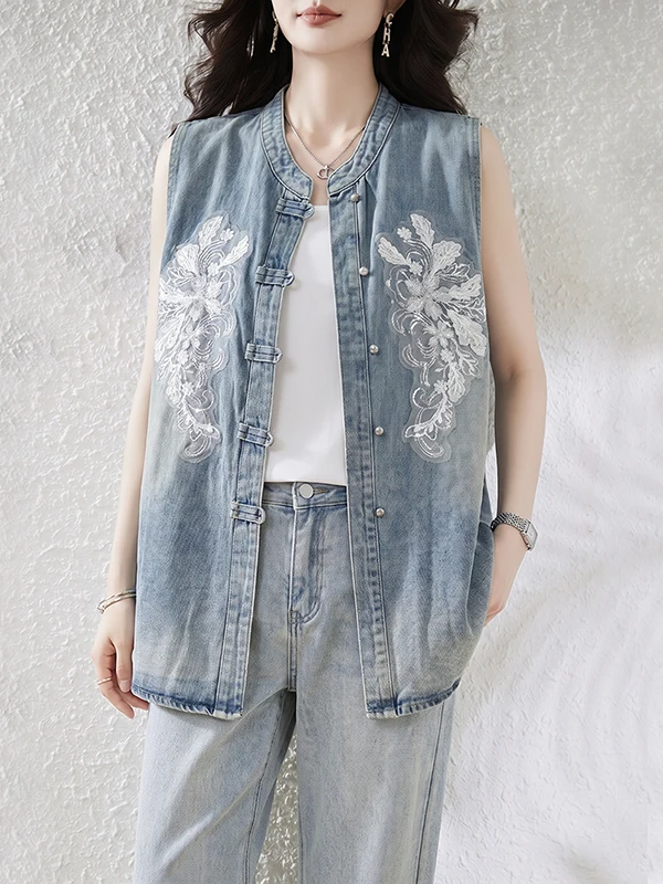 

Fashionable Embroidered Bead Denim Vest Women's plus Size Summer New Style Chinese Style Jacket Trendy Outerwear Casual Wear