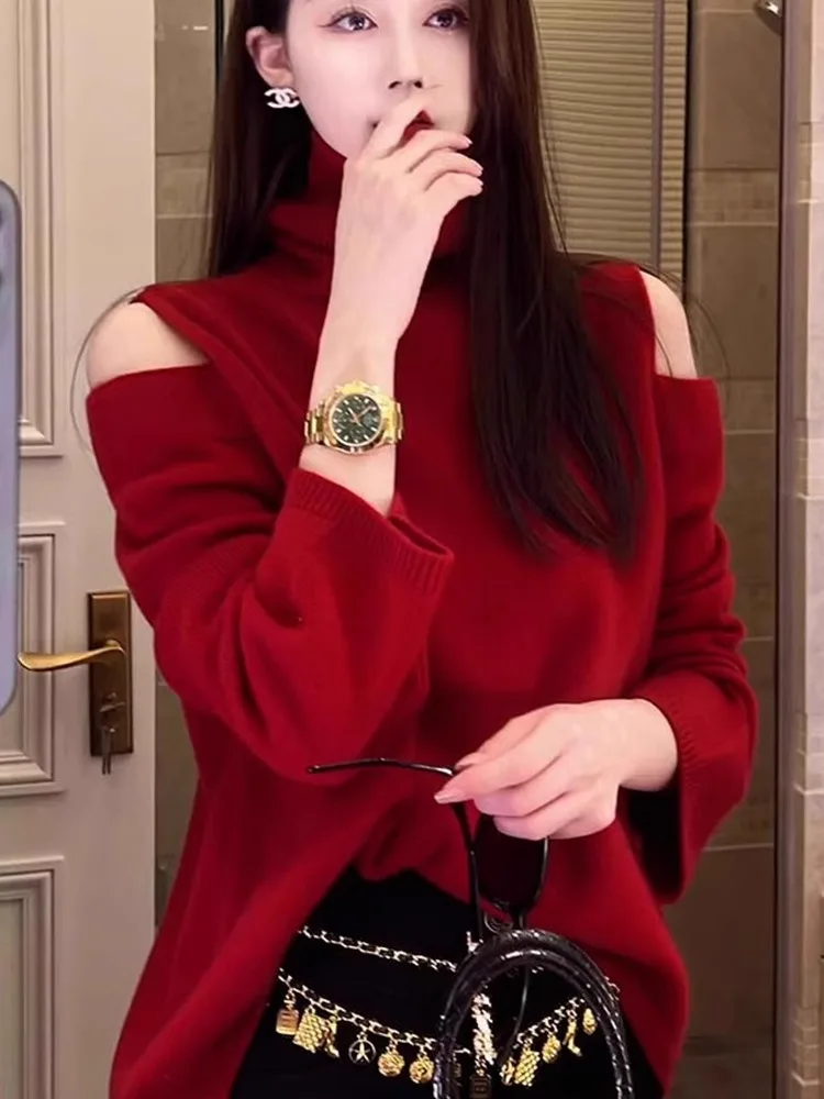 

Cisas Red Camere Knitted Sweater Long Sve Overhead Casual Faionable Autumn Winter oulder Bared Knitwear