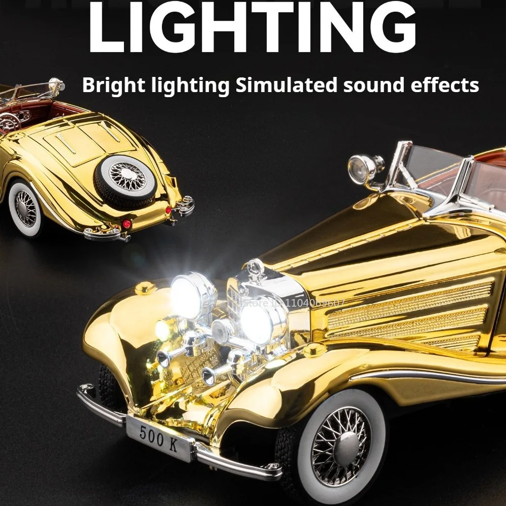 1:24 500K 300SL Vintage Auto Legierung Diecast Modell Spielzeug Auto Vorderrad Lenkung Sound Licht Zurückziehen Ornamente Kind weihnachten Geschenk