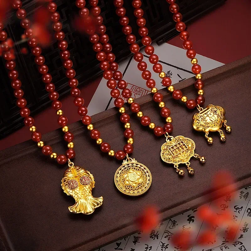 

Настоящее золото 9999, 24 карата, 2024, новое ожерелье из агата Анкары, аксессуары, натуральный карп, лотос