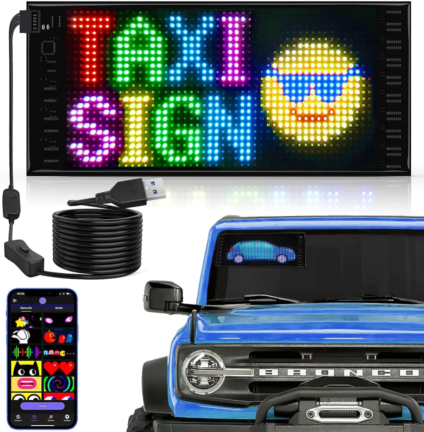 

Full Color Dual Row LED Car Sign, 10.6''x4.7'' Scrolling Display with Bluetooth APP Control for Custom Text and Patterns