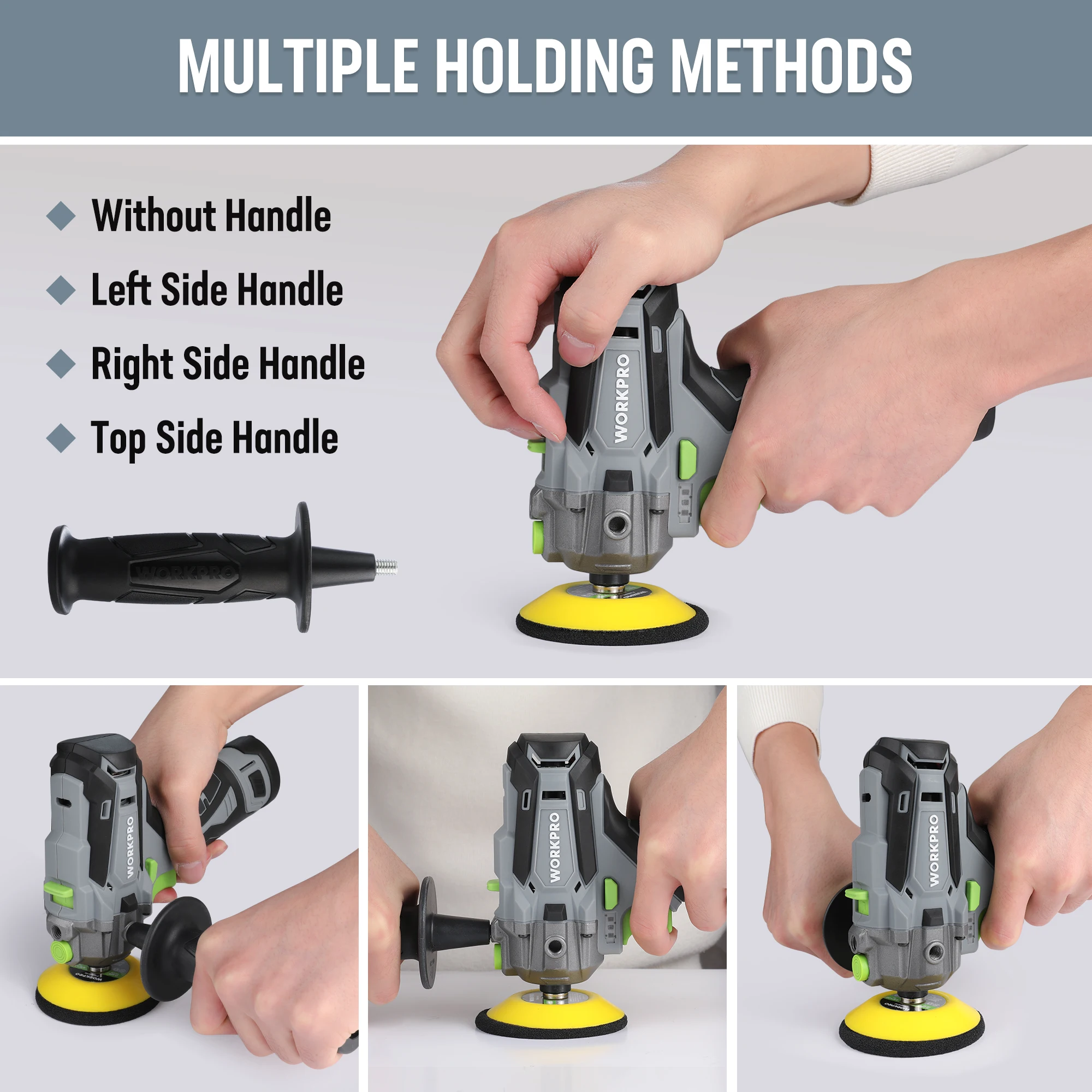 WORKPRO-12V 무선 미니 자동차 디테일링 폴리셔 스크래치 킬러, RO DA 기계 디테일링, 3 인치 패드 액세서리 2 배터리