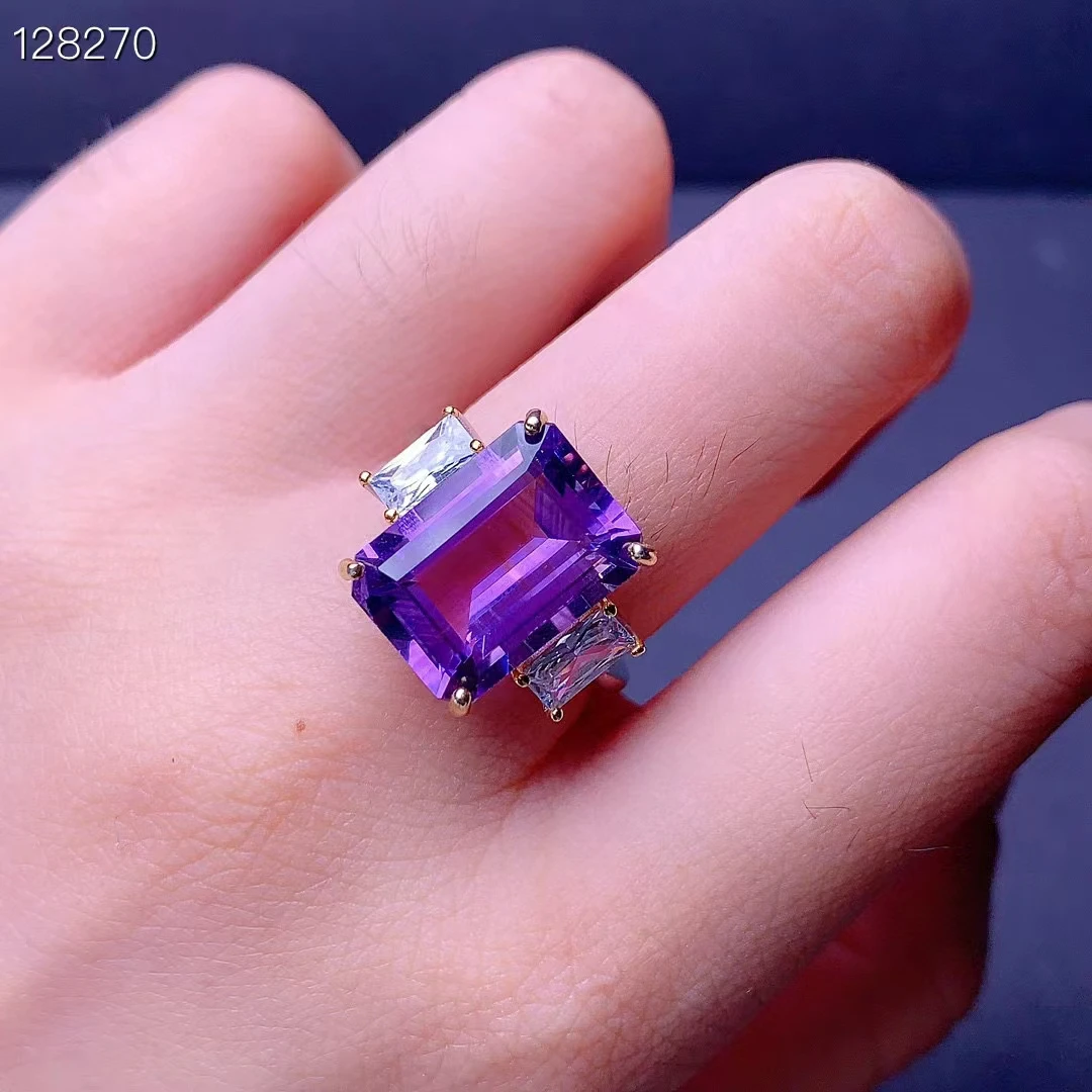 

Rectangle Shape Amethyst Ring for Party 10mm * 14mm 6ct Natural Amethyst Silver Ring 18K Gold Platd Crystal Silver Jewelry