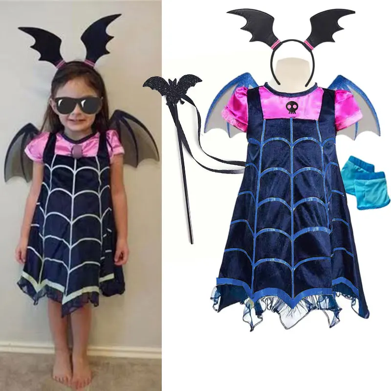 Vampire Girl Costume with Wings Bat Role Playing Halloween Dress up Toddler Junior Cartoon Vamprina Cosplay Carnival Clothing