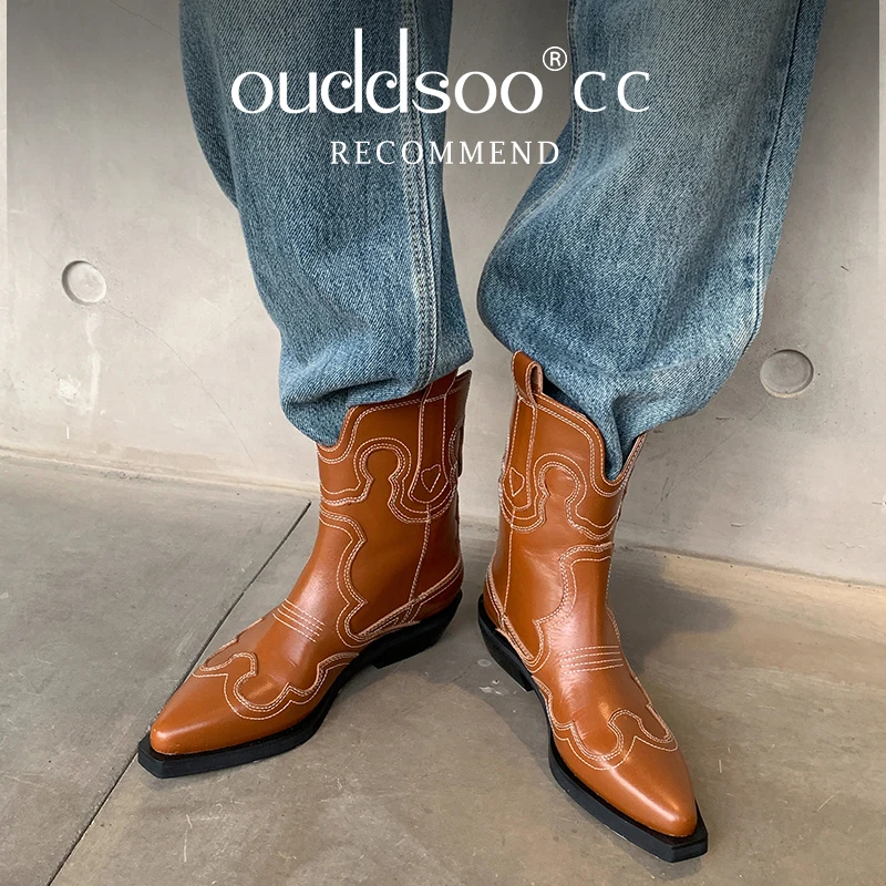 Ods Cowboy Western Boots For Women Real Leather Embroidered Pointed Toe Mid-calf Western Boot Retro Fashion Casual High Quality