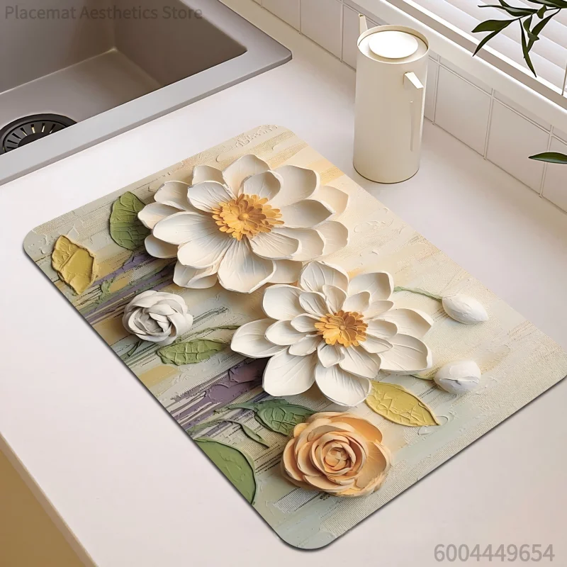 Textured Floral, Country Farm, Daisy Print Super Absorbent Waterproof Kitchen Counter Dish Drying Mat Decor Placemat