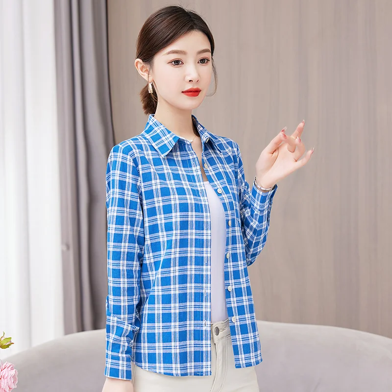 New Female Spring And Autumn Korean Edition Loose Versatile Checkered Shirt Women\'S Long Sleeved Fashion Pure Cotton Casual Top