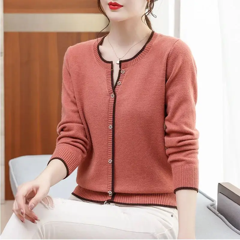 

Autumn and Winter Women's Pullover Round Neck Single Breasted Solid Color Panel Contrast Screw Thread Sweater Knit Fashion Tops