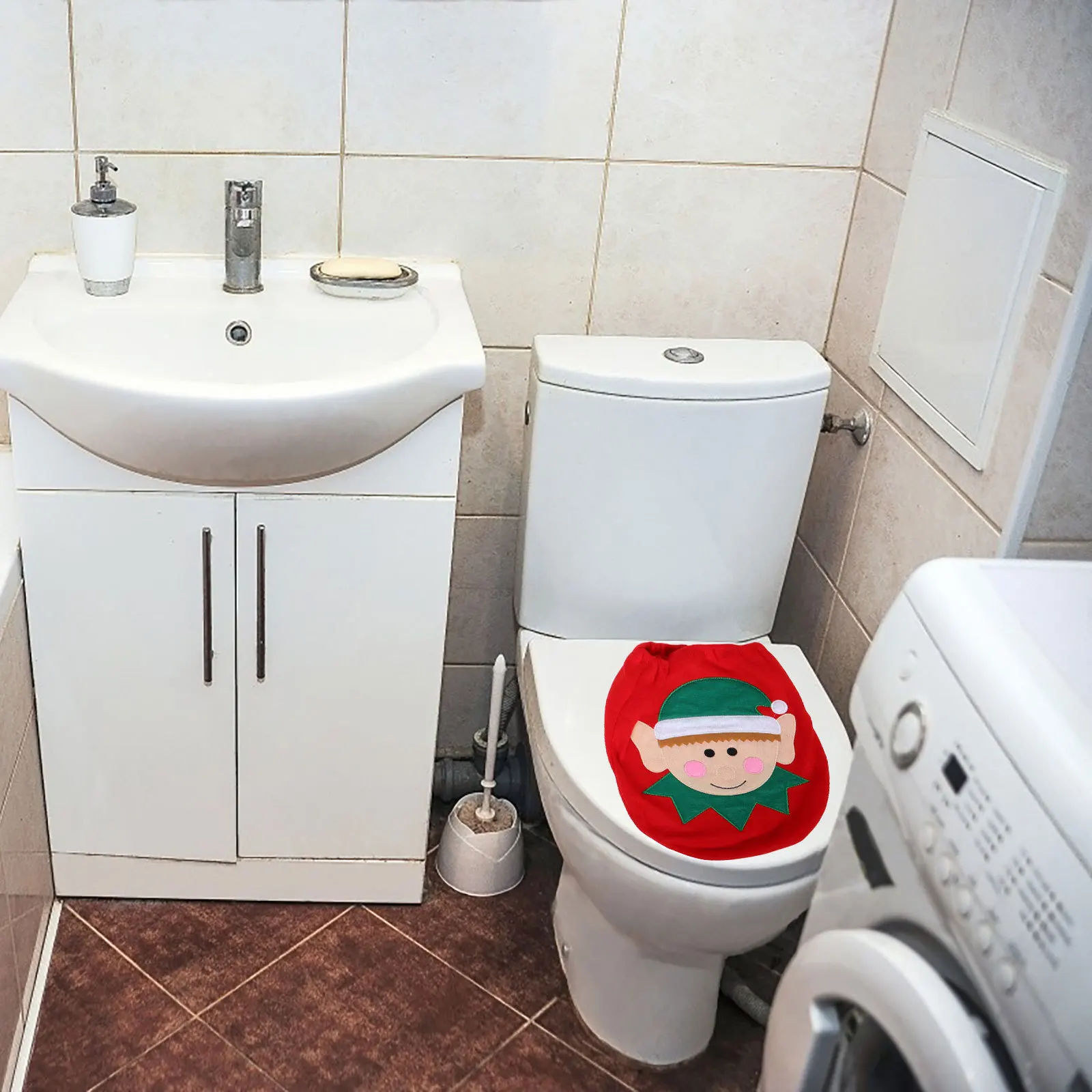 

3Pcs Elf Inspired Toilet Cover Set Christmas Bathroom Decoration with Rug Lid and Tank Cover for Holiday Home Decor Round Oval