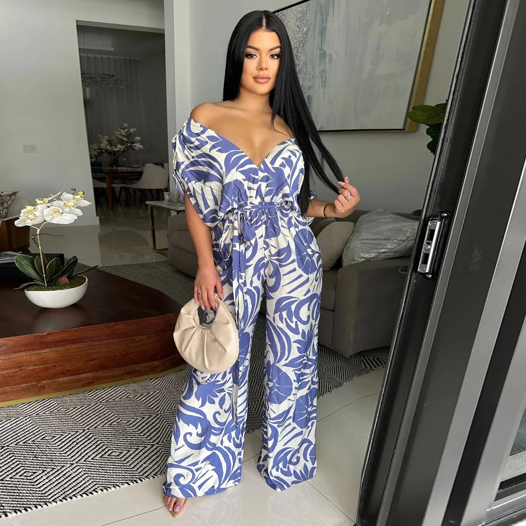 

Women Leaf Printed Vintage Batwing Short Sleeve Wide Leg Jumpsuits Summer Beach Night Club One Piece Suit Romper