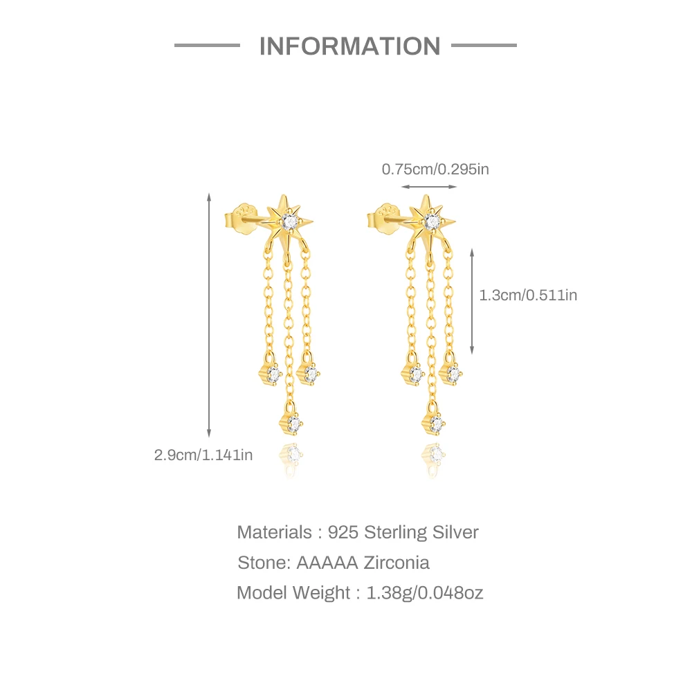 CANNER Eight Pointed Star Zircon Long Chain Tassel 925 Sterling Silver Drop Earrings For Women Ins Bow Horse Eye Earring Jewelry