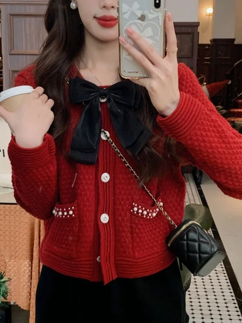 Sweater Knitted Cardigan Coat Design Sense Short Sweater Female 2023 Foreign Long Sleeve O Neck Sweater Cardigan Female Tops