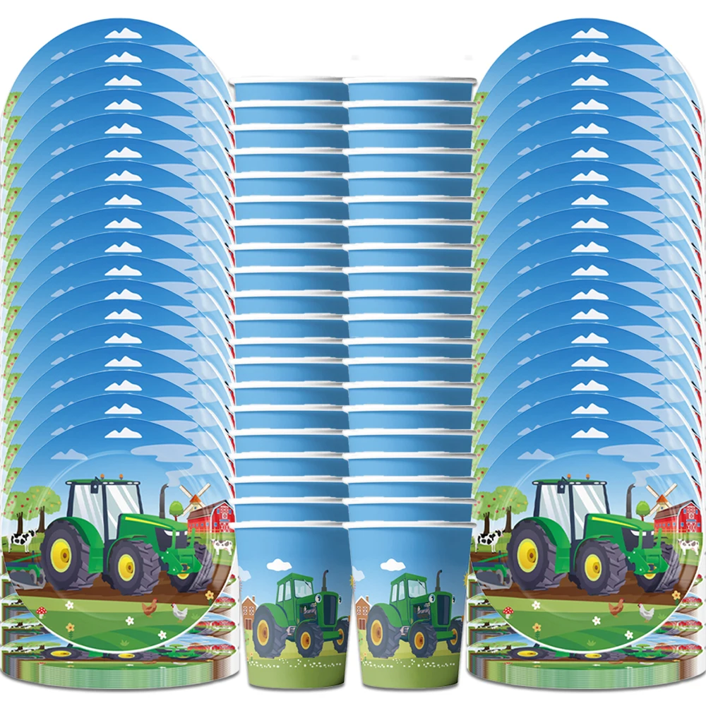 60pcs/set Green Farm Tractor Birthday Party Disposable Tableware Decoration Decoration Paper Plate Cup Decor Events