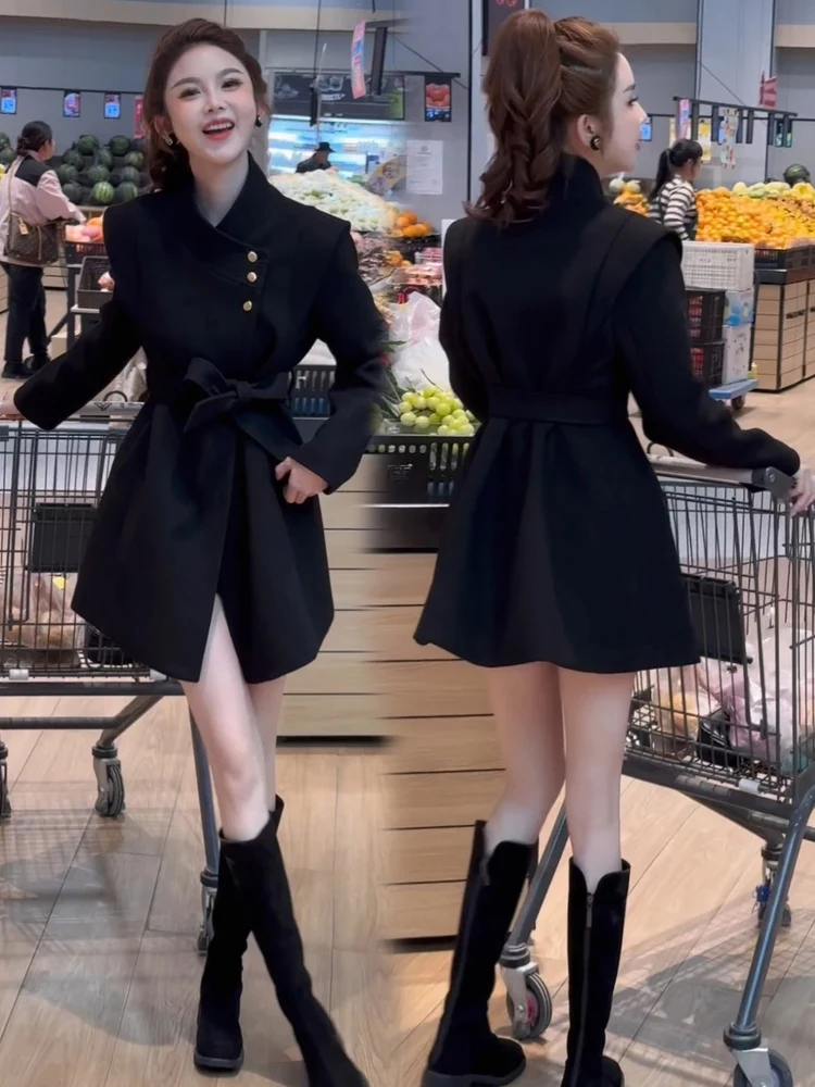 

Новинка! Модное длинное свободное женское пальто Hebe Sle Faion: ветровка с отворотами на плечах, повседневная универсальная зимняя модель в корейском стиле для отдыха.