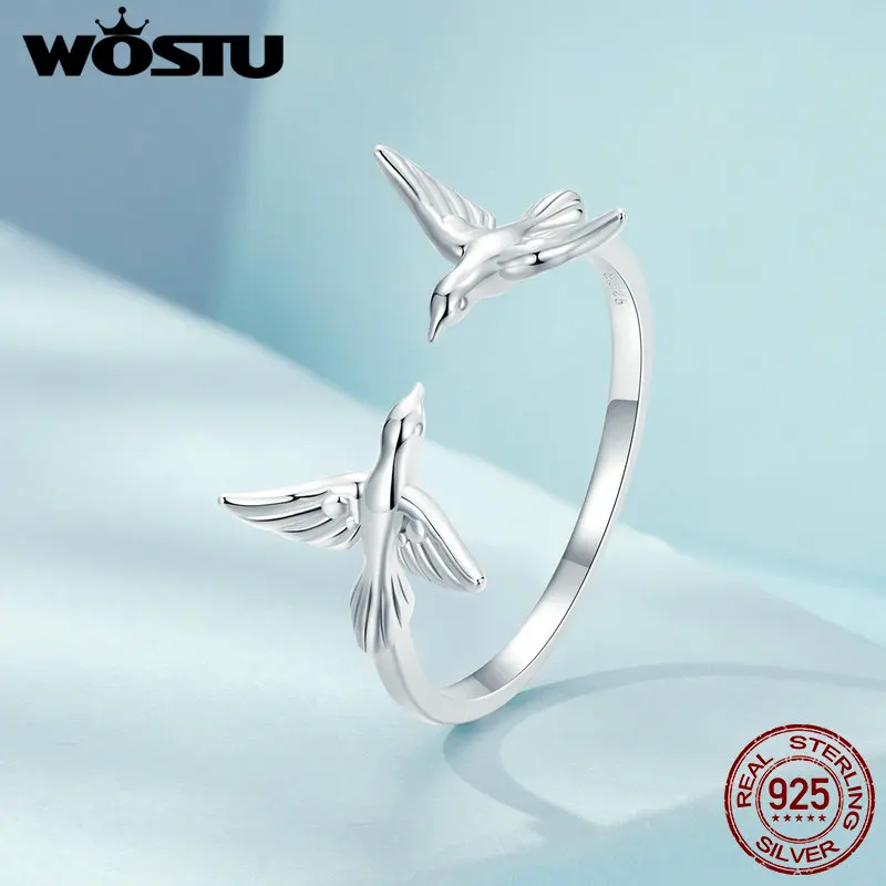 WOSTU Real 925 Sterling Silver Double Kingfisher Opening Ring For Women Cute Bird Stackable Rings Jewelry Gift Party Accessories