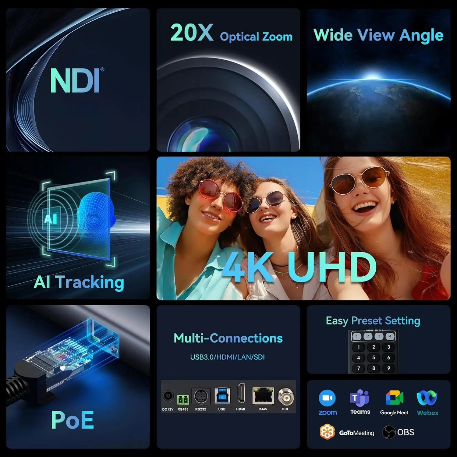 4K NDI PTZ Camera AI Auto-Tracking 20X Optical Zoom HDMI IP Live Streaming SDI USB3.0 PoE LAN Supports for Church Worship
