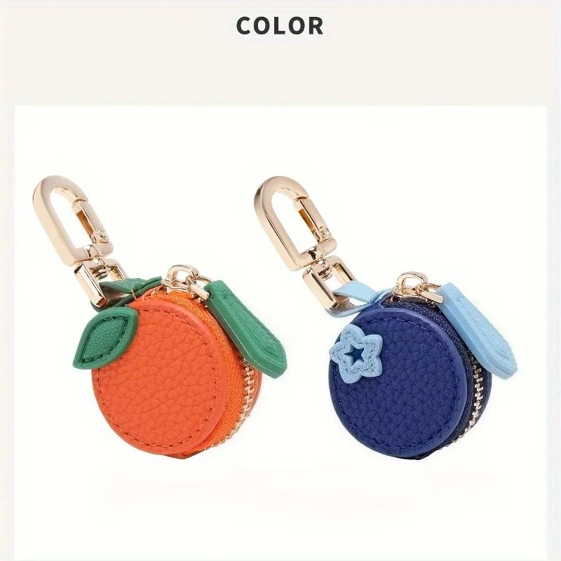 قطعة واحدة من محفظة النقود المعدنية ذات طابع الفاكهة مع سلسلة مفاتيح وسحاب للإغلاق وبطانة من البوليستر - تصميم برتقالي وأزرق لطيف، متين