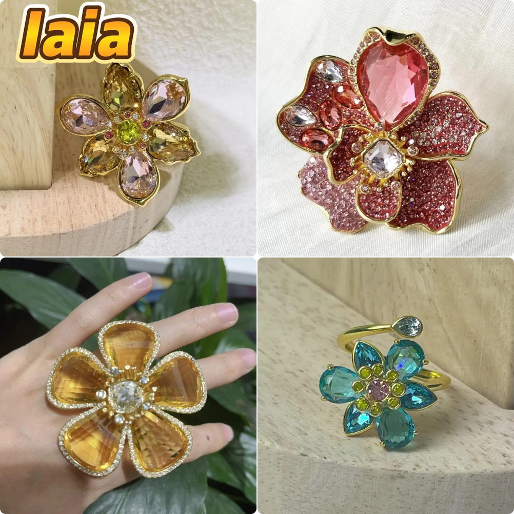 Hot  2026 New Trend Luxury Crystal Jewelry Charm Pink Flower Gold Geometric Crystal Ring Gift for Women