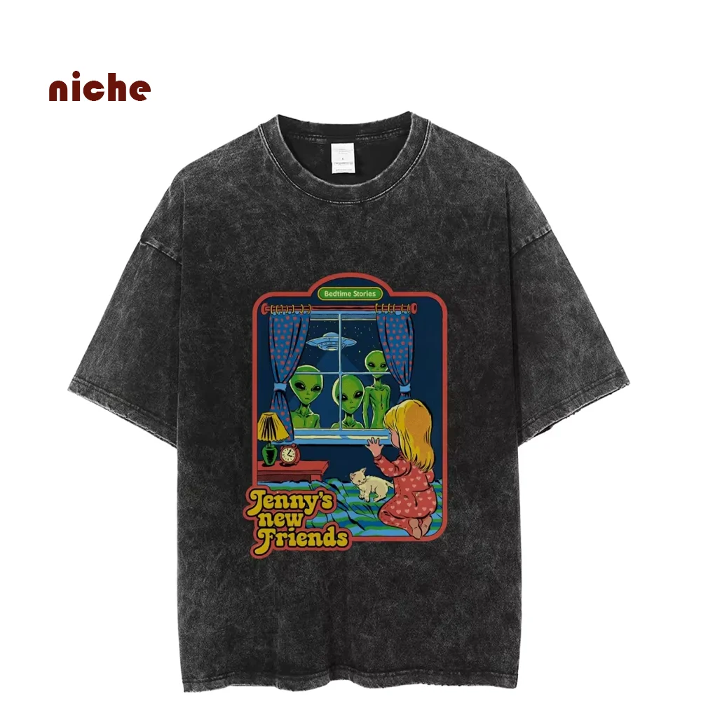 

Abstract Alien Planet Little Girl Animal Print T-Shirt Oversize Shoulder Loose Round Neck Fashion Trend Casual New Short Sleeves