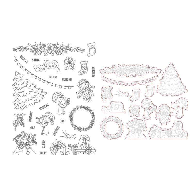 HonB Christmas Clear Stamps and Cutting Dies for New 2021 Scrapbooking Paper Making Holiday Cheer Frame Craft Supplies Card