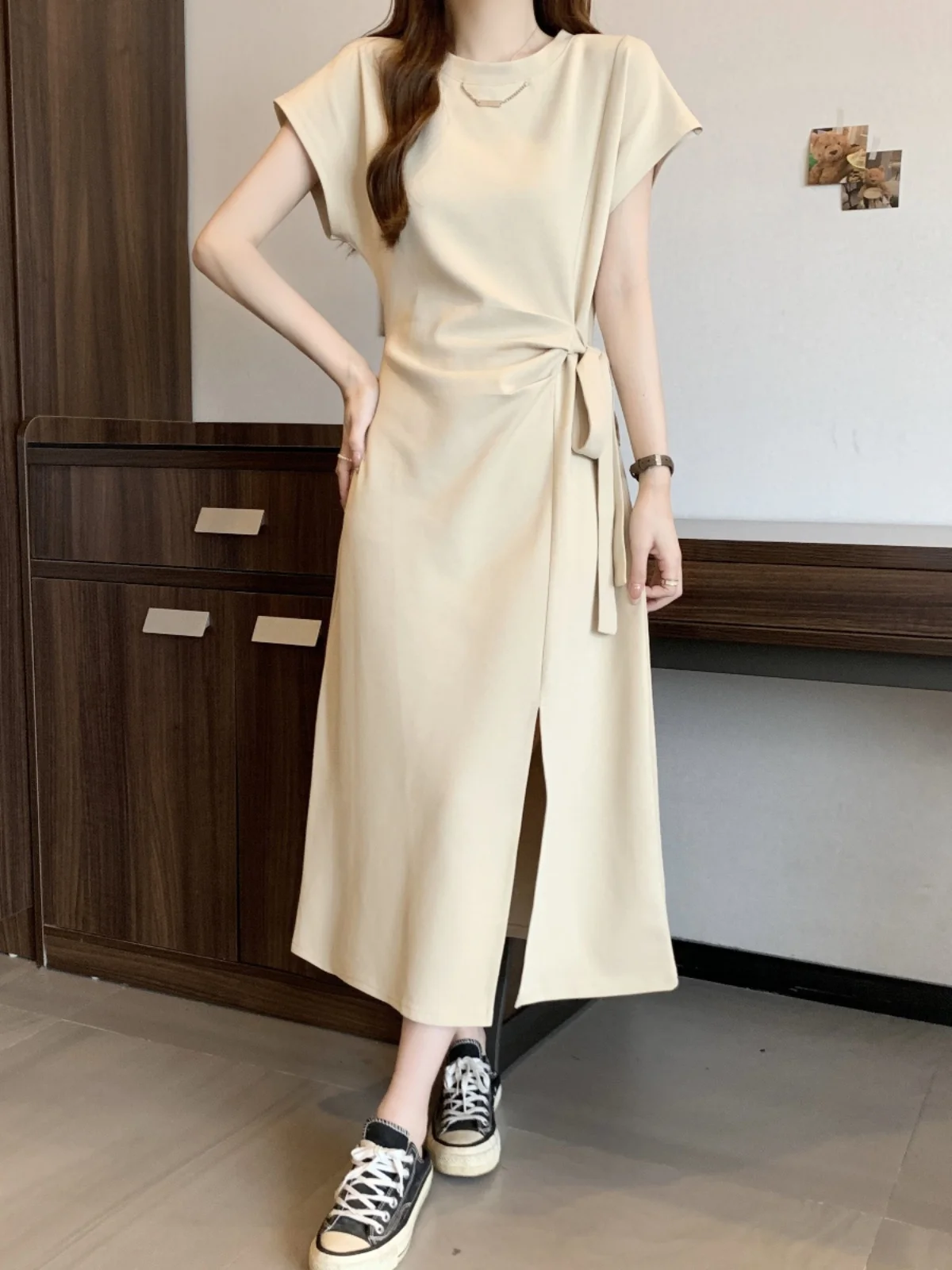 Long T-Shirt Dress Women Summer plus Size Slimming Waist Cinched Belted Short Sleeve Open-Front A-Line Midi Dress Korean Style
