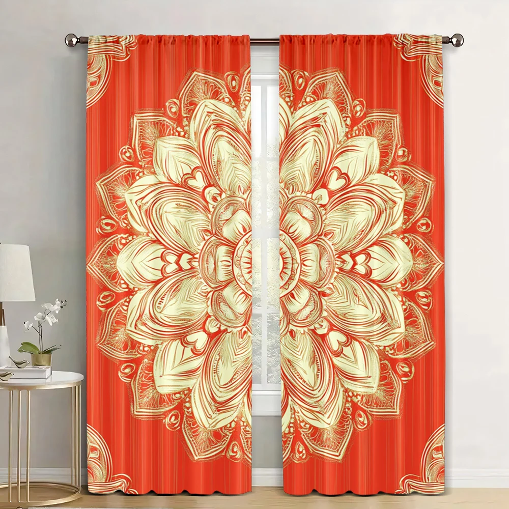 2Pcs Oriental Curtains Round Flower Design Bohemian Concepts Outline Ornament Graphic Living Room Bedroom Drapes K