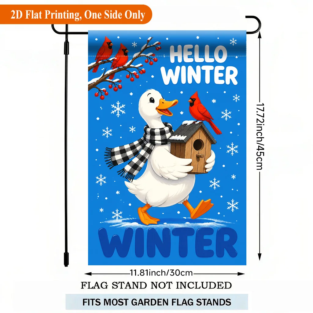 2D Flat Garden Flag 1 Piece, Winter Duck Happy Walk Holiday Yard Outdoor Flag for Outdoor Home and Yard Holiday Decoration, Valentine's Day, Mother's Day, Easter, Christmas, Thanksgiving, Halloween, Flagpole Not Included (Flag Only)