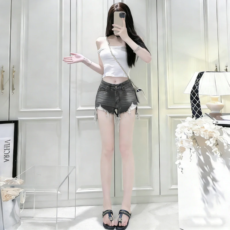 

Korean Denim Shorts Women Summer Fashion Casual High Waist Ripped Jeans Pocket Tassel Y2K Hot Pants Streetwear Blue Trousers
