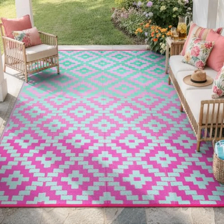 

Outdoor Rug 9x12 Waterproof Reversible Plastic Straw Rug for Patio, Green/Pink, UV-Resistant Lightweight for Deck Balcony Porch