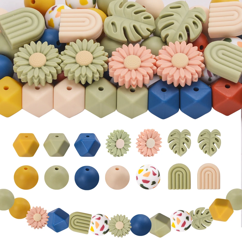 LOFCA 41 pcs/Set Printed Silicone Beads Round 15MM  sunflower beads DIY home decoration KeyChain Necklace Jewelry accessories