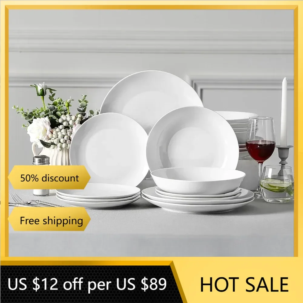 Modern White Round Dish Set for 6 - Premium Serving Plates and Bowls Sets for Dessert Salad Complete Tableware freight free