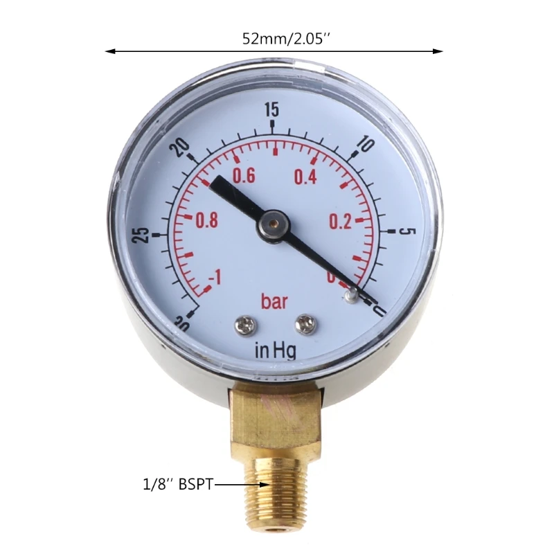 Pengukur tekanan vakum benang BSPT 1/8 inci, pengukur tekanan vakum-1/0 Bar -30 inci Hg 52mm, Manometer untuk Air udara, minyak Gas