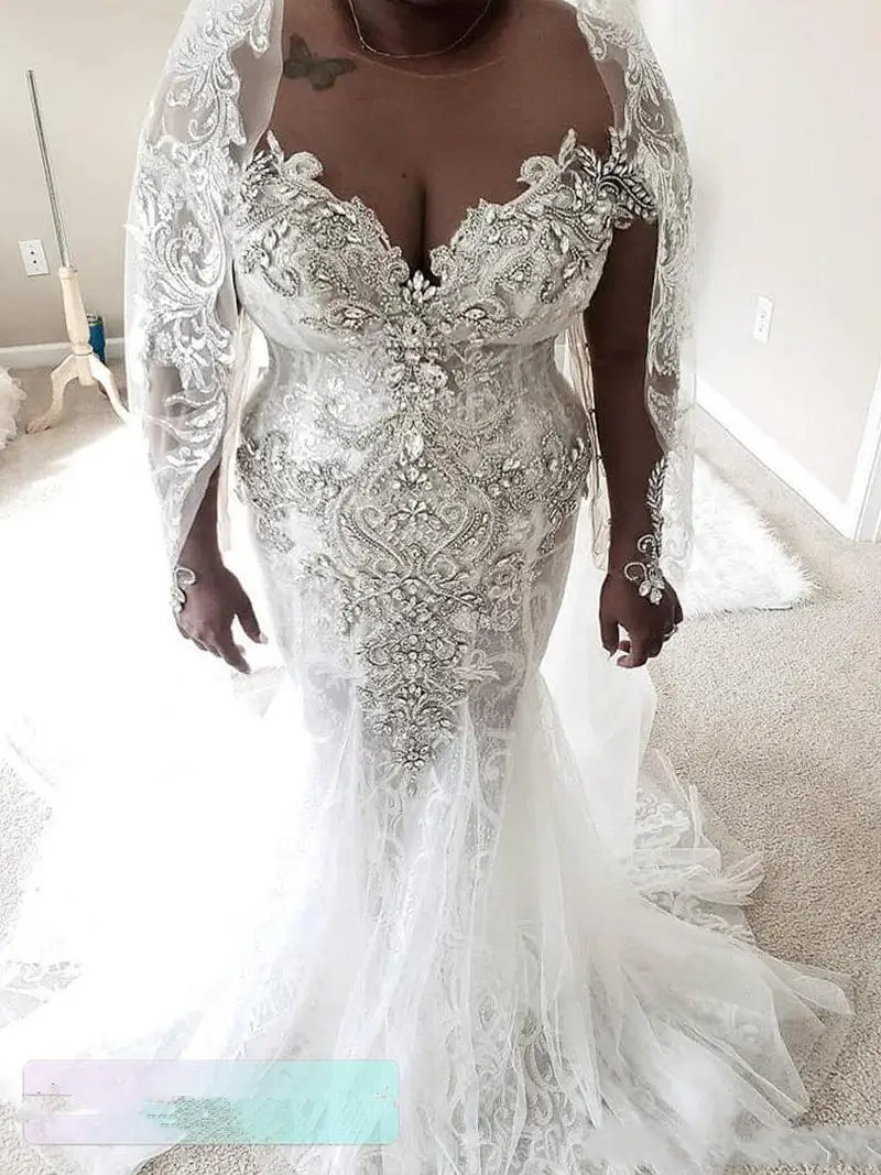 

Spark Heavy Crystals Beading Mermaid Wedding Dresses Sweep Train Robe Mariage Long Sleeves See Through Bridal Gowns