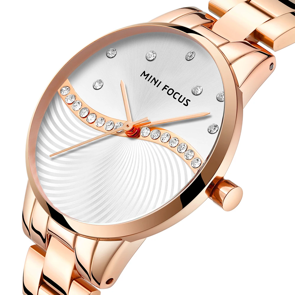 MINI FOCUS jam tangan berlian wanita, arloji Quartz 2025 trendi gelang Stainless Steel tahan air