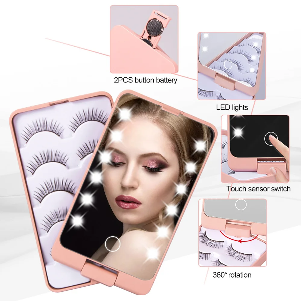 

LED Light Lash Mirror Travel Makeup Mirrors Dimmable Rechargeable Eyelash Holder Case Portable Folding 5 Layer Storag Box