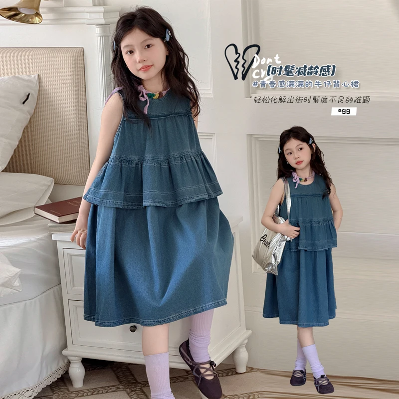 

2026 Girls' Denim Dress Kids Softy Blue Dress with Knee-Length Children Sleeveless Bud Skirt for Cute Girls Toddler Size 4-14Y