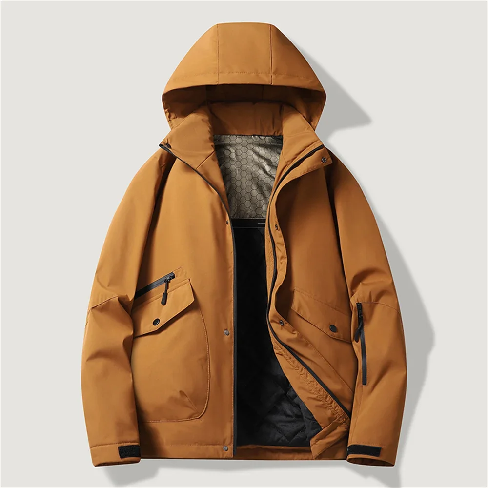 

Men's Fleece Warm Parkas Winter Outdoor Windproof Detachable Hooded Jacket Men Solid Zipper Waterproof Fashion Jackets Male Coat
