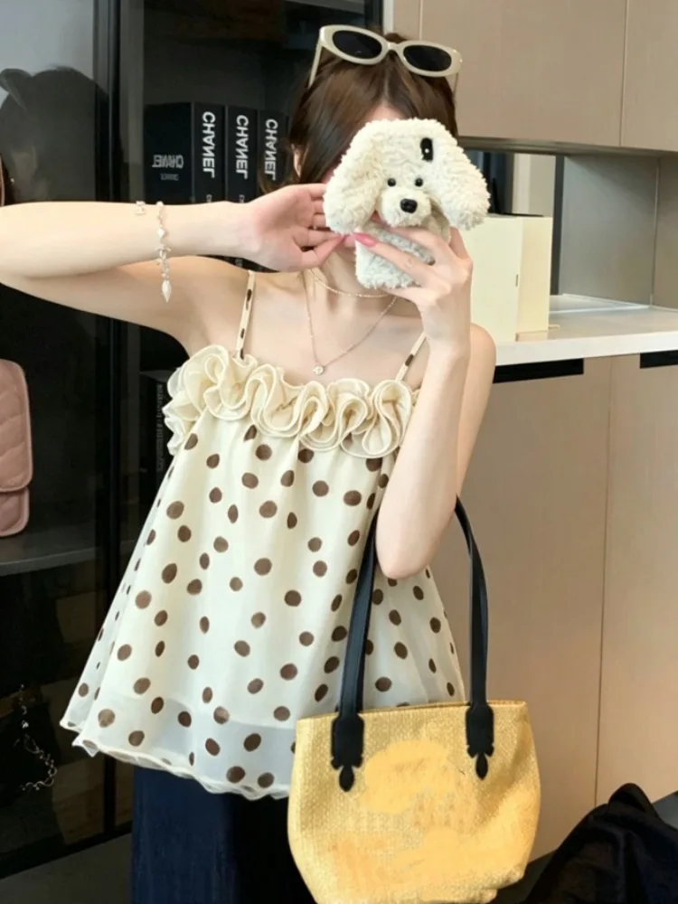 

Summer Sweet Girl's Polka Dot Ruffle Sleeveless One Shoulder Versatile Slimming Top Korean Style Standard Fit City Walk Breat...