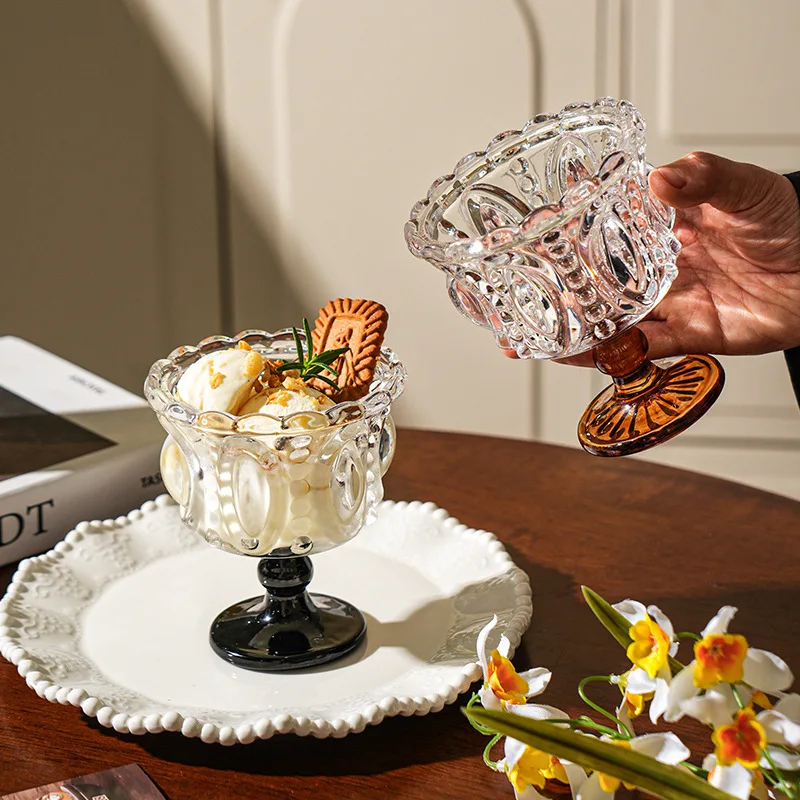 

New Vintage Relief High Footed Ice Cream Cups Glass Dessert Cup Ice Cream Yogurt Cups Pudding Mousse Cups High Aesthetic Value