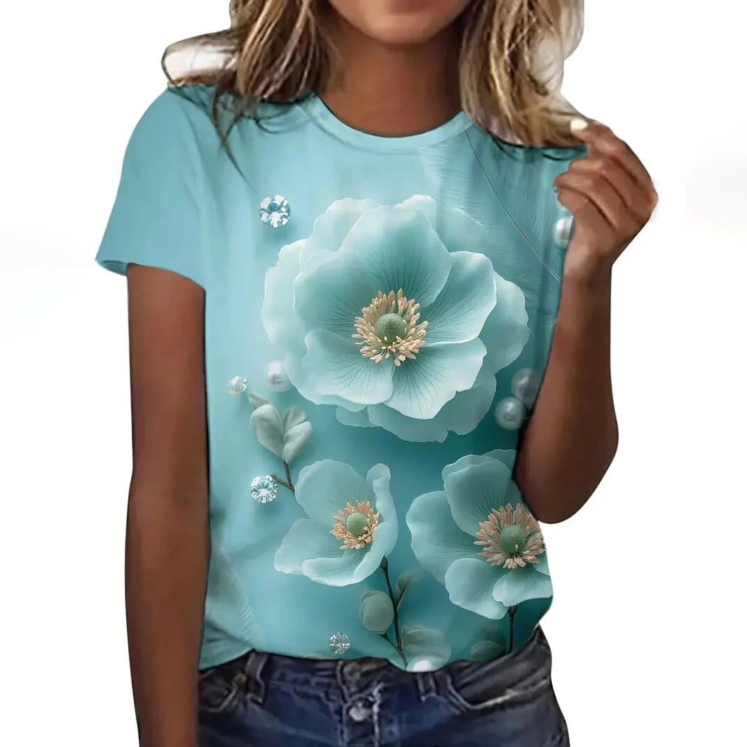 

Fashion 3D Floral Print T Shirt For Women High Quality Summer Short Sleeve Tees Casual O-neck Loose Short Sleeve Kawaii Girl Top